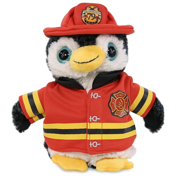 DolliBu Marine Wild Penguin Firefighter Stuffed Animal - Super Soft Penguin Fireman Toy with Red Fireman Costume Outfit and Fireman Hat, Ocean Life Animal Fire Fighter Doll Plush Toy for Kids - 8 In