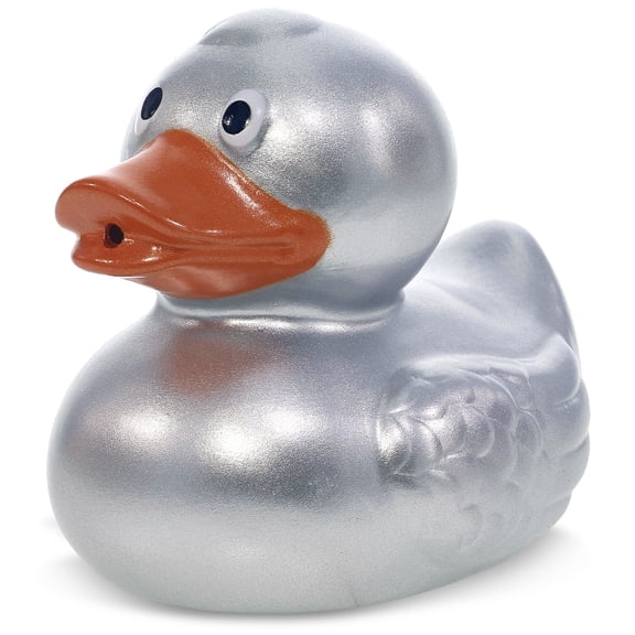 DolliBu Metallic Silver Duck Bath Buddy Squirter - Floating Silver Duck Rubber Bath Toy, Fun Water Squirting Bath Time Play For Toddlers, Animal Toy For Bathtub, Beach, and Pool for Girls and Boys