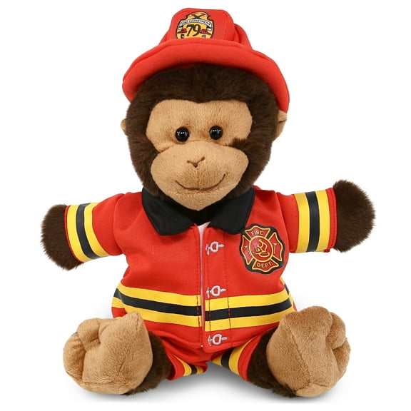 DolliBu Monkey Firefighter Stuffed Animal - Super Soft Monkey Fireman Toy with Red Fireman Costume Outfit and Fireman Hat, Cute Wild Life Stuffed Animal Fire Fighter Doll Plush Toy for Kids - 9 Inch