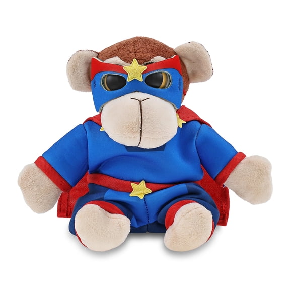 DolliBu Monkey Plush Stuffed Animal with Superhero Costume - Cute Wildlife Toy with Red Cape Blue Suit, Eye Mask - Super Hero Adventure Plush for Kids - 8 Inches
