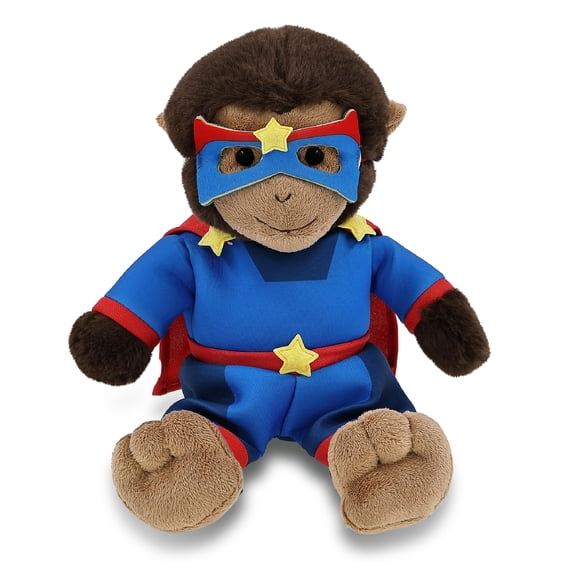 DolliBu Monkey Plush Stuffed Animal with Superhero Costume - Cute Wildlife Toy with Red Cape Blue Suit, Eye Mask - Super Hero Adventure Plush for Kids - 9 Inches