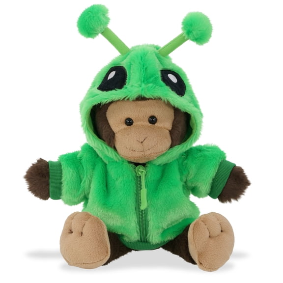 DolliBu Monkey Plush with Green Alien Hoodie Jacket - Space Themed Monkey Toy with Hoodie Costume, Fluffy Stuffed Animal with Alien Jacket - 9 Inches