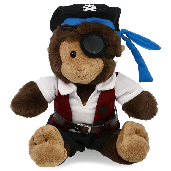 DolliBu Monkey Stuffed Animal With Pirate Dress Up Set - Sea Adventure Plush Toy Stuffed Monkey with Cute Pirate Costume - Hat, Shirt, Pants, Eye Patch, Belt - 9 Inches