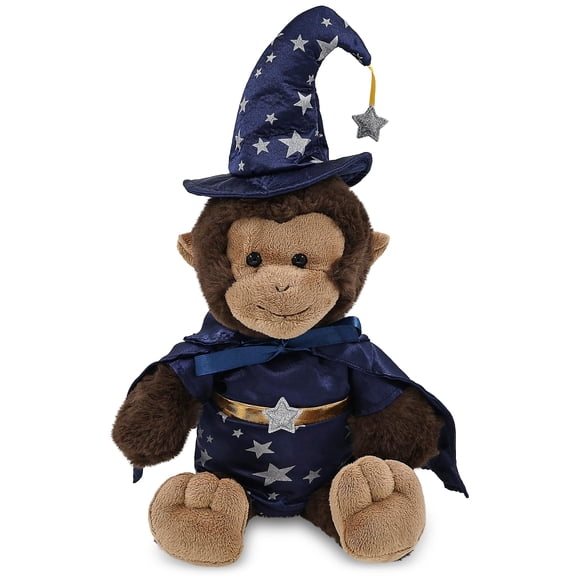DolliBu Monkey Stuffed Animal with Wizard Costume - Cute Wildlife Plush Toy with Magical Dress Up Set Blue Cape and Wizard Hat with Silver Stars - 9 Inches