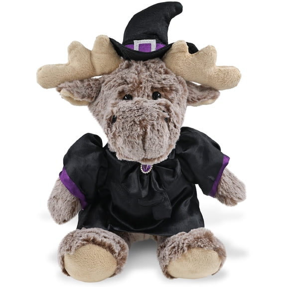 DolliBu Moose with Brown Hooded Sweater Stuffed Animal with Witch Costume - Cute Widllife Animal with Black Cloak and Witch Hat Outfit - Spooky Halloween Plush Toy for Kids - 8 Inches