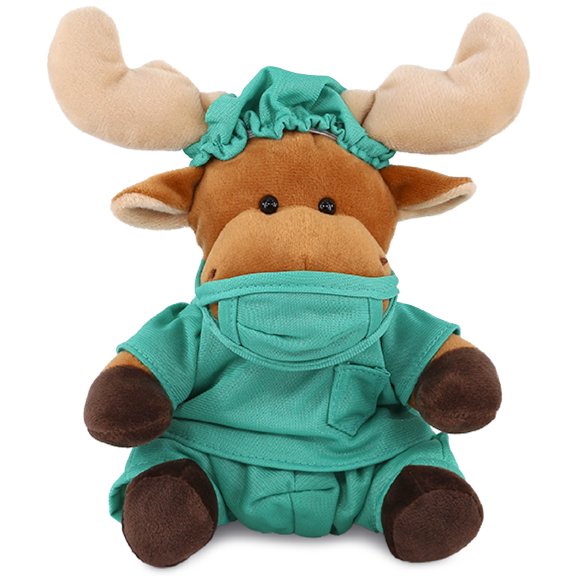 DolliBu Moose Doctor Plush Toy - Super Soft Moose Doctor Stuffed Animal Dress Up with Cute Scrub Uniform and Cap Outfit - Fluffy Doctor Toy Plush Gift - 6 Inches