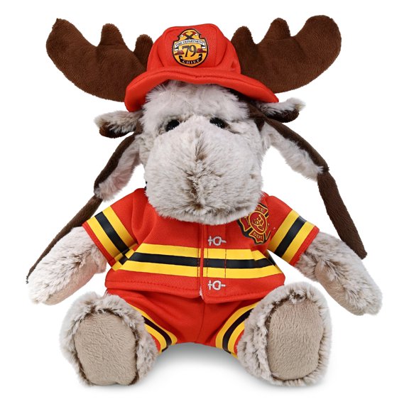 DolliBu Moose Firefighter Stuffed Animal - Moose with Clothes Fireman Toy with Red Fireman Costume Outfit and Fireman Hat, Wild Life Stuffed Animal Fire Fighter Doll Plush Toy for Kids - 10 Inch