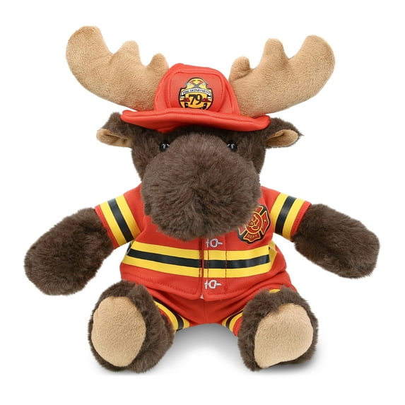 DolliBu Moose Firefighter Stuffed Animal - Moose with Red Plaid Hoodie Fireman Toy with Red Fireman Costume Outfit and Fireman Hat, Cute Stuffed Animal Fire Fighter Doll Plush Toy for Kids - 10 Inch