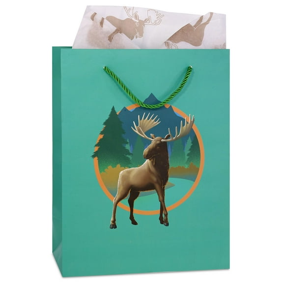 DolliBu Moose Large Gift Bags with Tissue Paper, 12 Pc Set - Moose Big Gift Wrap Bags with Handles and Moose Tissue Paper for Holiday, Birthday, Party Favor Gift Bags - 13 Inch, 12 Pack