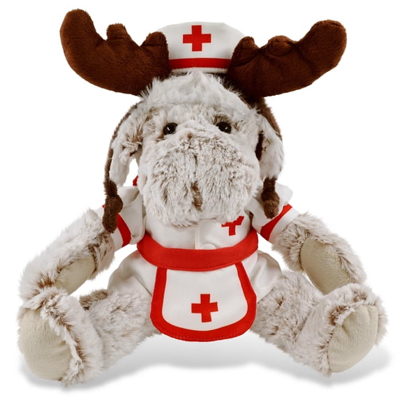 DolliBu Moose Plush with Nurse Stuffed Animal Dress Up Set - Hospital Costume Moose Stuffed Toy with Nurse Dress, Hat, and Apron, Get Well Plush for Kids and Adults - 10 Inch