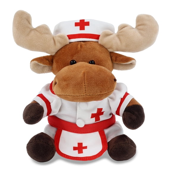 DolliBu Moose Plush with Nurse Stuffed Animal Dress Up Set - Hospital Costume Moose Stuffed Toy with Nurse Dress, Hat, and Apron, Get Well Plush For Kids and Adults - 6 Inches