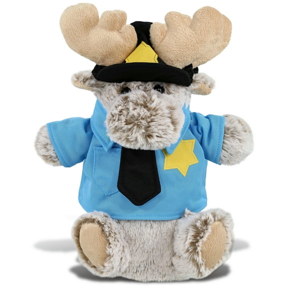 DolliBu Moose Police Officer Super Soft Hand Puppet Plush Toy - Soft Moose Cop Stuffed Animal Dress Up with Cute Cop Uniform and Cap Outfit - Soft Plush Moose Cop Gift - 10 Inches
