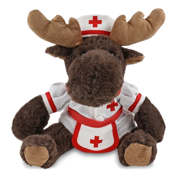 DolliBu Moose with Red Plaid Hoodie Plush with Nurse Stuffed Animal Dress Up Set - Hospital Costume Moose Stuffed Toy with Nurse Dress, Hat, and Apron, Get Well Plush for Kids and Adults - 9 Inches