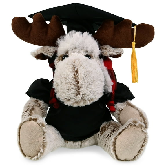 DolliBu Moose with Red Plaid Outfit Graduation Plush Toy - Moose Plush Graduation Stuffed Animal Dress Up with Graduation Gown and Cap with Tassel Outfit - Congratulatory Graduation Gift - 9 Inches