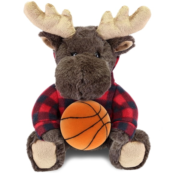 DolliBu Moose Stuffed Animal with Basketball Plush Super Soft Huggable Bear with Red Plaid Hoodie, Plush Toy Wildlife Gift, Basketball Plush Animal for Kids and Adults - 10 Inches