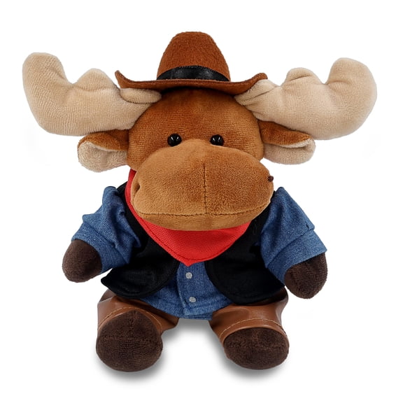 DolliBu Moose Stuffed Animal Cowboy Plush - Western-Themed Moose Plush with Cute Cowboy Costume Denim Shirt Vest, Bandana, Leather Pants, and Hat - 6 Inches