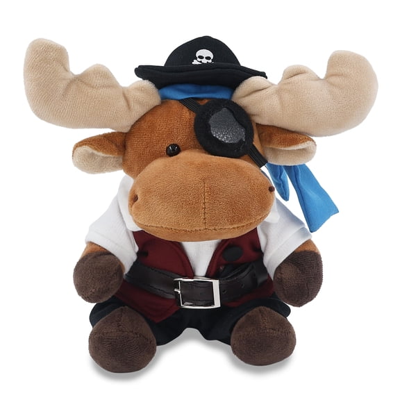 DolliBu Moose Stuffed Animal With Pirate Dress Up Set - Sea Adventure Plush Toy Stuffed Moose with Cute Pirate Costume - Hat, Shirt, Pants, Eye Patch, Belt - 6 Inches