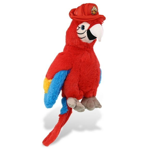 DolliBu Parrot Firefighter Stuffed Animal - Super Soft Tropical Red Parrot Fireman Toy with Red Fireman Hat Outfit, Cute Wild Life Animal Fire Fighter Doll Plush Toy for Kids and Adults - 15.5 Inch