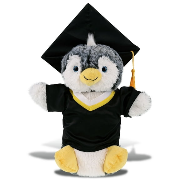 DolliBu Penguin Hand Puppet Graduation Plush Toy - Super Soft Graduation Stuffed Animal Dress Up with Gown and Cap with Tassel Outfit - Reward Celebration Grad Gift - 8.5 Inches