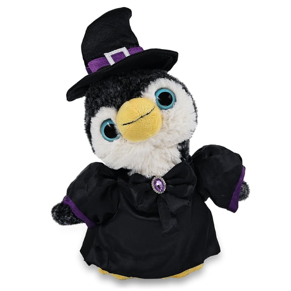 DolliBu Penguin Stuffed Animal with Witch Costume - Cute Wildlife Animal with Black Cloak and Witch Hat Outfit - Spooky Halloween Plush Toy for Kids - 8 Inches