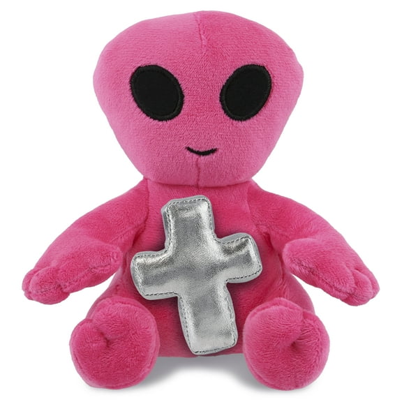 DolliBu Pink Alien Stuffed Animal with Silver Cross Plush - Religious Baptism Gifts for Boys and Girls, Dedication Christening Gifts Plush Prayer Toy Healing Stuffed Animal - 6 Inches