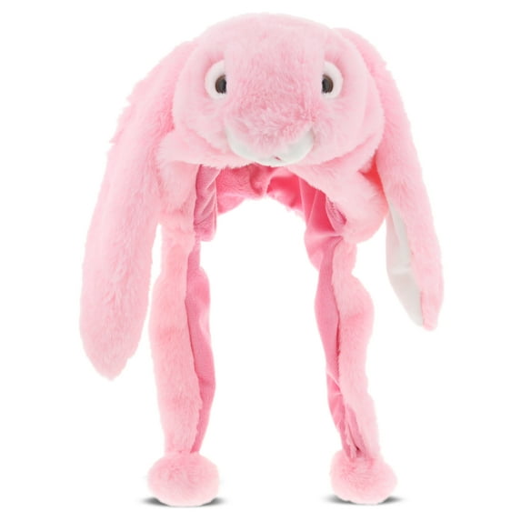 DolliBu Pink Bunny Plush hats - Super Soft Warm Hat with Ear Flaps, Funny Plush Party Crazy Hat, Stuffed Animal Halloween Costume Funny Toy Hat, Cozy Fleece Winter Hat for Kids & Teens - One Size