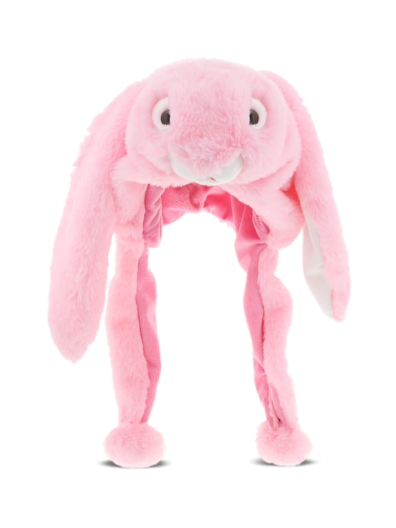 Pink Bunny Plush hats - Super Soft Warm Hat with Ear Flaps, Funny Plush Party Crazy Hat, Stuffed Animal Halloween Costume Funny Toy Hat, Cozy Fleece Winter Hat for Kids & Teens - One Size