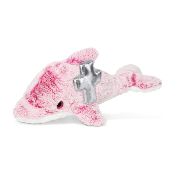 DolliBu Pink Dolphin Stuffed Animal with Silver Cross Plush - Religious Baby Baptism Gifts for Boys and Girls, Cute Baby Dedication Christening Gifts Plush Prayer Toy Healing Stuffed Animal - 14 Inch