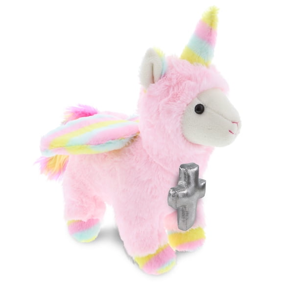 DolliBu Pink Flying Llamacorn Stuffed Animal with Silver Cross Plush - Religious Baptism Gifts for Boys and Girls, Dedication Christening Gifts Plush Prayer Toy Healing Stuffed Animal - 11 Inches