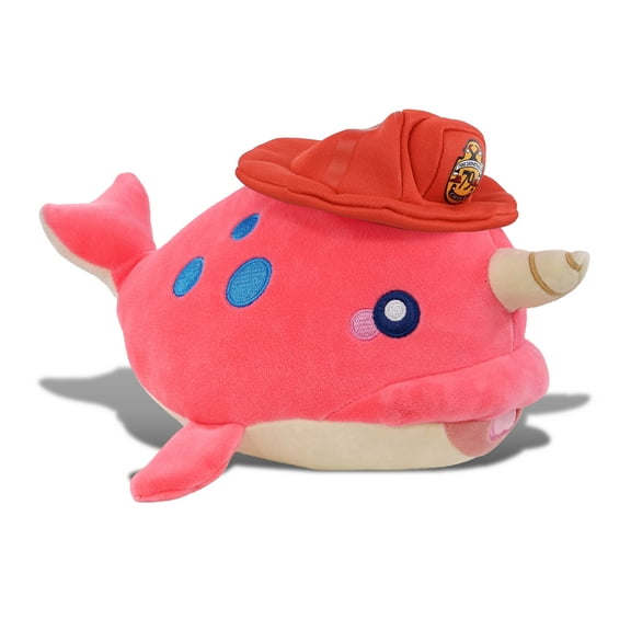 DolliBu Pink Narwhal Firefighter Stuffed Animal - Super Soft Narwhal Fireman Toy with Red Fireman Hat Outfit, Cute Ocean Life Animal Fire Fighter Doll Plush Toy for Kids and Adults - 12 Inch