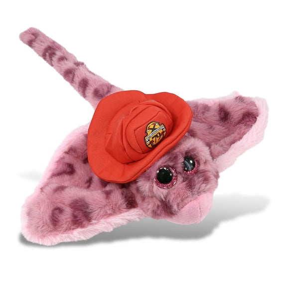 DolliBu Pink Rose Stingray Firefighter Stuffed Animal - Super Soft Stingray Fireman Toy with Red Fireman Hat Outfit, Cute Ocean Animal Fire Fighter Doll Plush Toy for Kids and Adults - 15 Inches