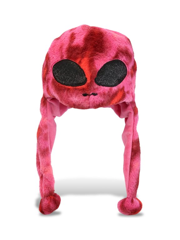 Pink Tie-Dye Alien Plush Hat - Stuffed Animal Winter Hat, Novelty Alien Hat with Cozy Fleece, Warm Fluffy Beanie, Funny Adults and Kids Hat with Ear Flaps for Halloween or Cosplay - One Size