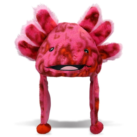 DolliBu Pink Tie-Dye Axolotl Plush Hat - Super Soft Warm Winter Hat With Ear Flaps, Stuffed Animal Halloween Costume Toy Cozy Fleece Winter Headwear For Kids and Teens - One Size
