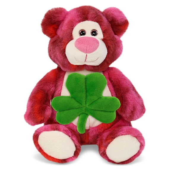 DolliBu Pink Tie-Dye Bear Stuffed Animal with Green Plush Shamrock, Cute Green Shamrock Plush, Fun St Patricks Day Stuffed Animal Bear, Good Luck St Patricks Day Toys for Kids, Baby - 9 Inches