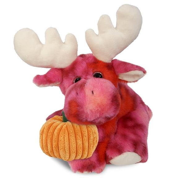 DolliBu Pink Tie-Dye Floppy Moose Stuffed Animal with Pumpkin Decor - Pumpkin Plush Animal for Fall, Halloween and Thanksgiving, Pumpkin Toy for Baby, Kids, Adults - 9 Inches