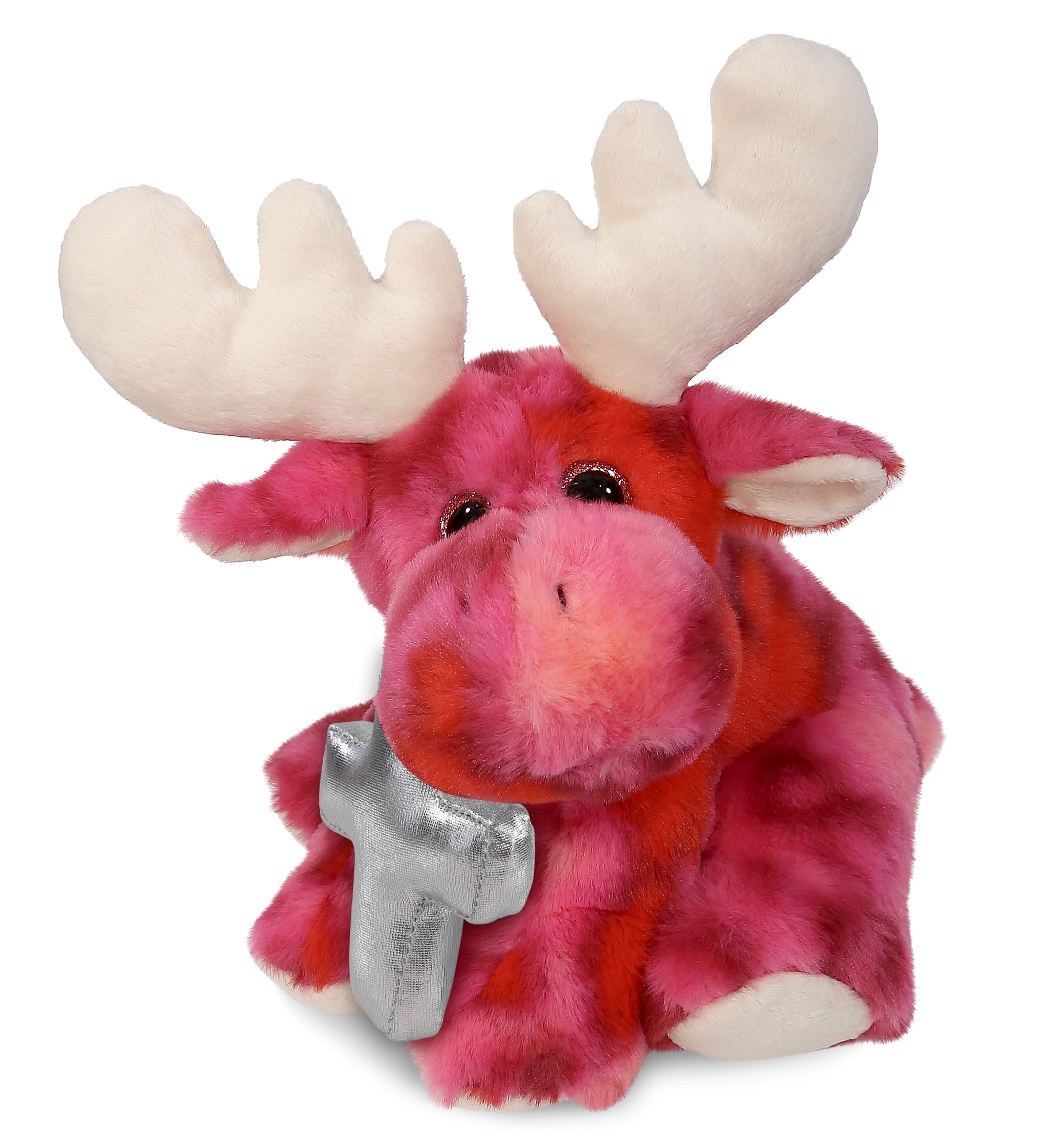DolliBu Pink Tie-Dye Floppy Moose Stuffed Animal with Silver Cross Plush - Religious Baptism Gifts for Boys and Girls, Dedication Christening Gifts Plush Prayer Toy Healing Stuffed Animal - 9 Inches