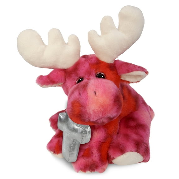 DolliBu Pink Tie-Dye Floppy Moose Stuffed Animal with Silver Cross Plush - Religious Baptism Gifts for Boys and Girls, Dedication Christening Gifts Plush Prayer Toy Healing Stuffed Animal - 9 Inches