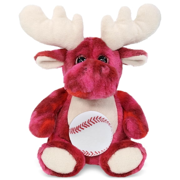 DolliBu Pink Tie-Dye Moose Stuffed Animal with Baseball Plush - Soft and Huggable Moose Gift, Cute Wild Animal with Plush Baseball Toy for Kids, Adults - 9 Inches
