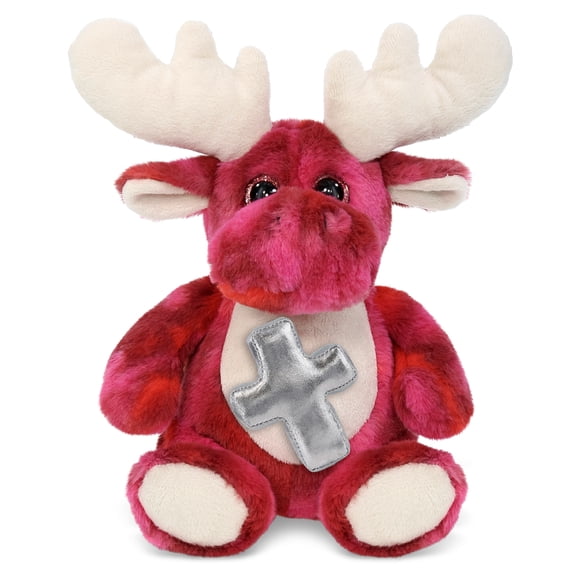 DolliBu Pink Tie-Dye Moose Stuffed Animal with Silver Cross Plush - Religious Baptism Gifts for Boys and Girls, Dedication Christening Gifts Plush Prayer Toy Healing Stuffed Animal - 9 Inches