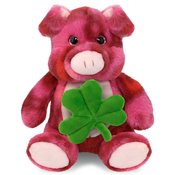 DolliBu Pink Tie-Dye Pig Stuffed Animal with Green Plush Shamrock, Cute Green Shamrock Plush, Fun St Patricks Day Stuffed Animal Pig, Good Luck St Patricks Day Toys for Kids, Baby - 9 Inches