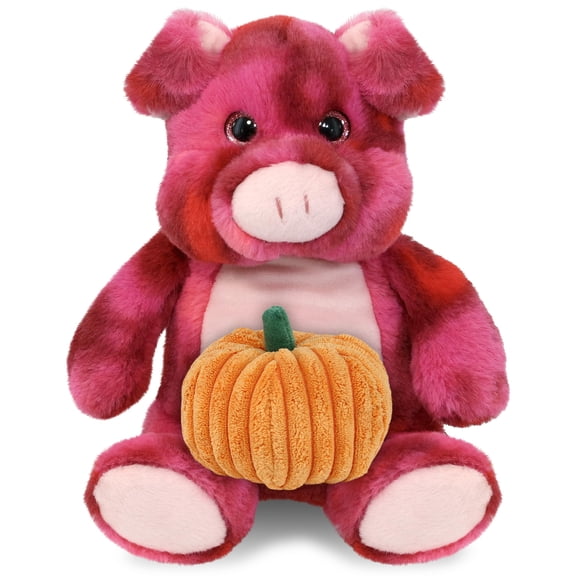DolliBu Pink Tie-Dye Pig Stuffed Animal with Pumpkin Decor - Pig Plush Animal for Fall, Halloween and Thanksgiving, Pumpkin Toy for Baby, Kids, Adults - 9 Inches