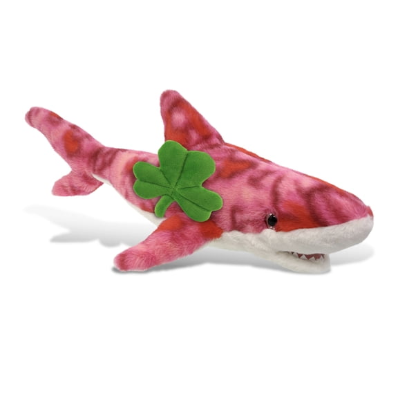 DolliBu Pink Tie-Dye Shark Stuffed Animal with Green Plush Shamrock, Cute Green Shamrock Plush, Fun St Patricks Day Stuffed Animal Shark, Good Luck St Patricks Day Toys for Kids, Baby - 23 Inches