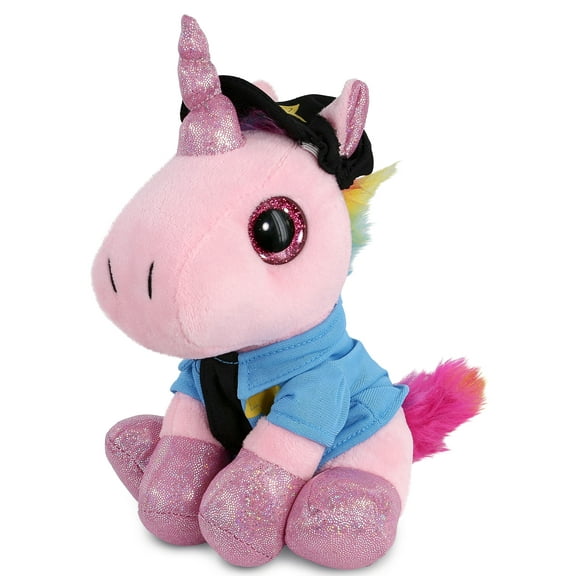 DolliBu Pink Unicorn Sparkle Eyes Police Officer Plush Toy - Soft Unicorn Cop Stuffed Animal Dress Up with Cute Cop Uniform and Cap Outfit - 8 Inches