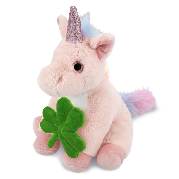 DolliBu Pink Unicorn Stuffed Animal with Green Plush Shamrock, Cute Green Shamrock Plush, Fun St Patricks Day Stuffed Animal Unicorn, Good Luck St Patricks Day Toys for Kids, Baby - 9 Inches