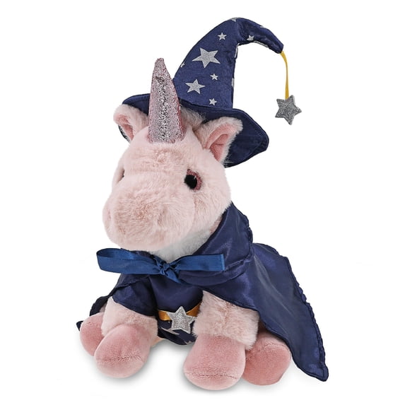 DolliBu Pink Unicorn Stuffed Animal with Wizard Costume - Cute Fantasy Plush Toy with Magical Dress Up Set Blue Cape and Wizard Hat with Silver Stars - 9 Inches