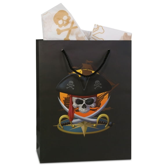 DolliBu Pirate Large Gift Bags with Tissue Paper, 12 Pc Set - Pirate Big Gift Wrap Bags with Handles and Pirate Tissue Paper for Holiday, Birthday, Party Favor Gift Bags - 13 Inch, 12 Pack