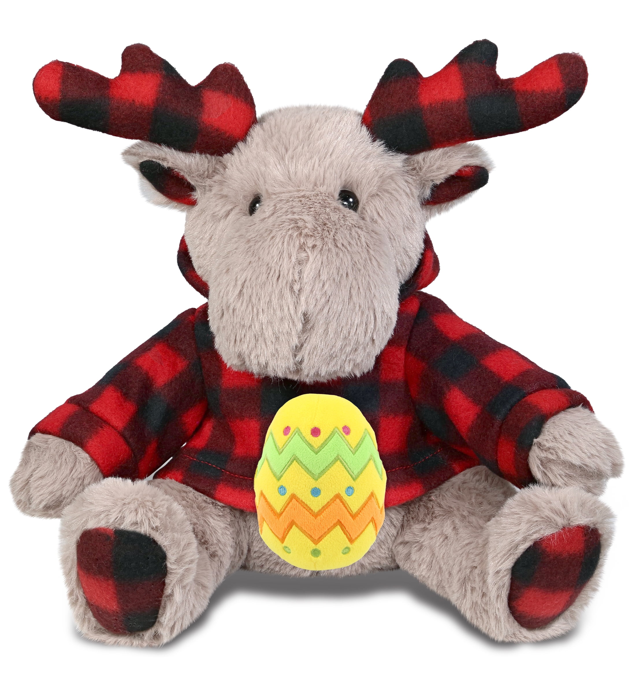 DolliBu Plaid Beige Moose with Hoodie with Yellow Easter Egg Plush - Perfect Moose Stuffed Animals for Easter Basket, Cute Easter Egg Stuffed Animal Spring Toys for Girls, Boys, and Babies - 10 Inches