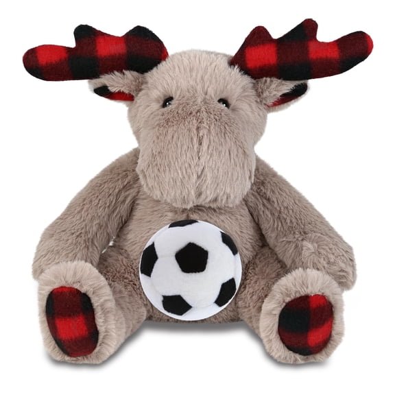 DolliBu Plaid Beige Moose Stuffed Animal with Soccer Ball Plush - Soft and Huggable Moose Playtime Plush Toy, Cute Wild Life Gift, Super Soft Stuffed Doll Animal Toy for Kids, Adults - 10 Inches