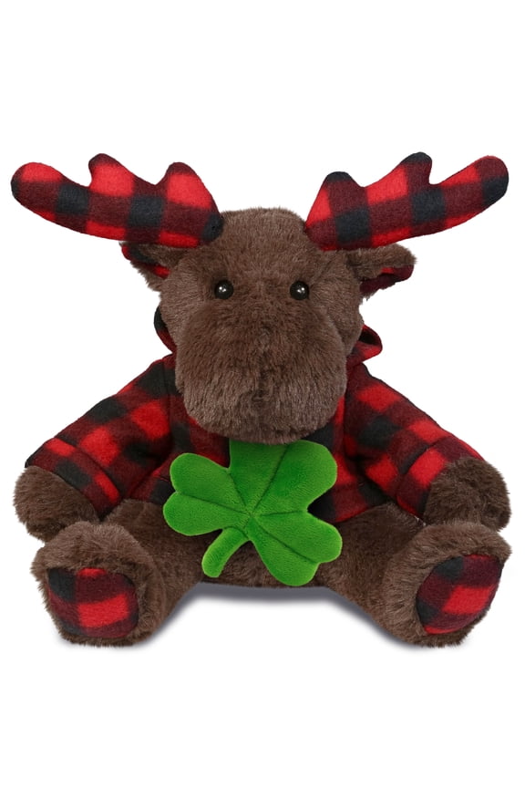 Plaid Brown Moose with Hoodie Stuffed Animal with Green Plush Shamrock, Cute Green Shamrock Plush, St Patricks Day Stuffed Animal, Good Luck St Patricks Day Toys for Kids, Baby - 10 Inches