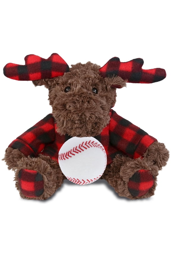 Plaid Curly Moose with Hoodie Stuffed Animal with Baseball Plush - Soft Curly Moose Gift, Cute Wild Animal with Plush Baseball Toy for Kids - 9 Inches